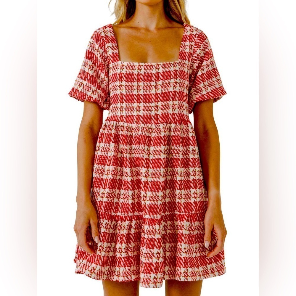 NWT Tuckernuck English Factory Red & White Tweed Puff Sleeve Tiered Dres…